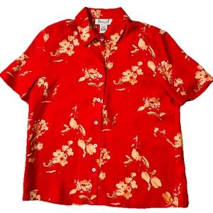 VTG Epogee 100% Silk Red Floral Blouse S Kawaii Tropical Travel Fluid Drape Soft